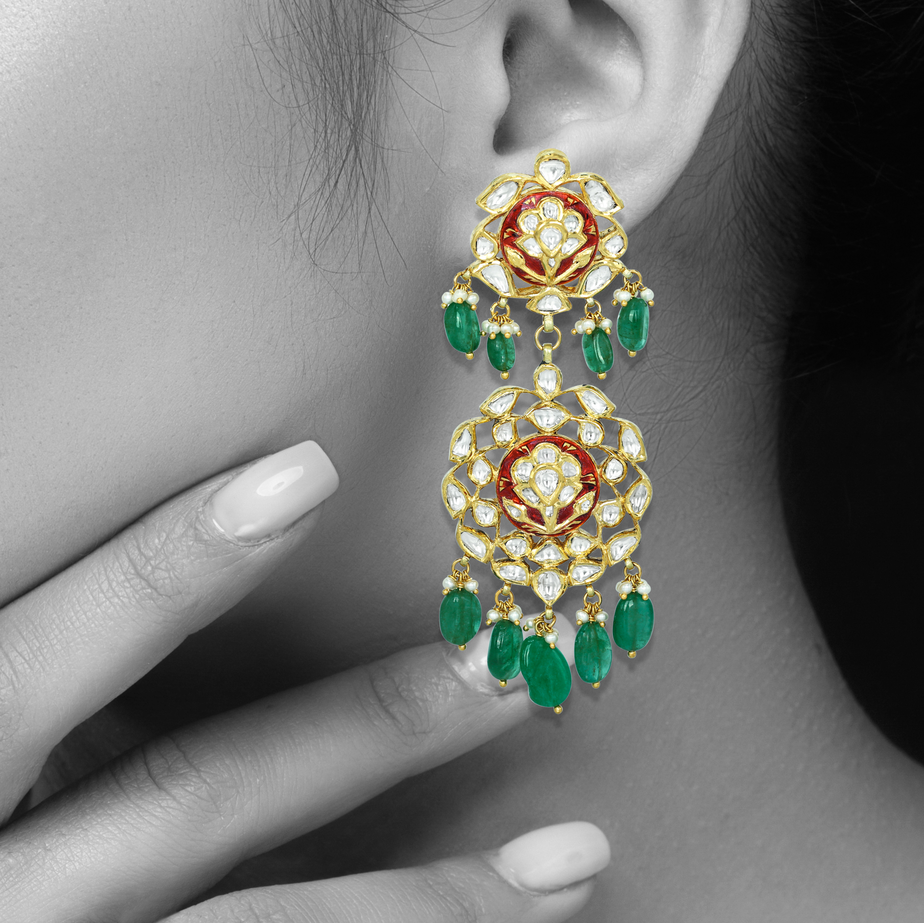 Polki Earrings with Red Enamel Base and Emerald Drops